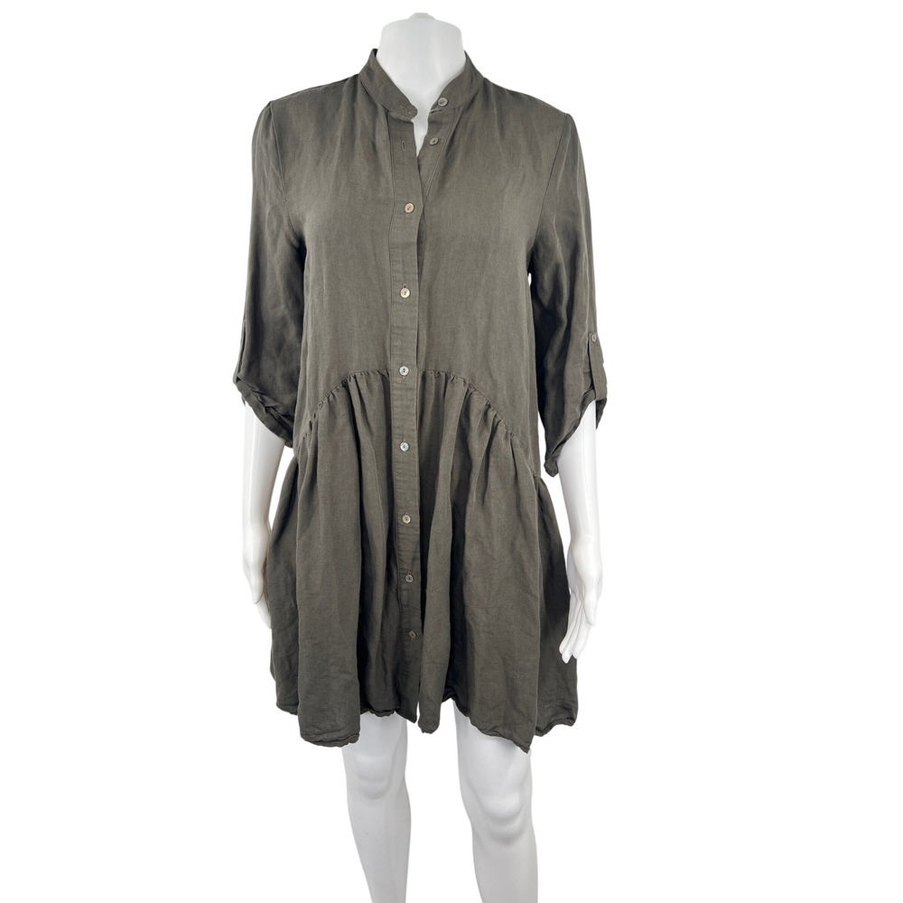 Zara Woman Shirt Dress Womens Linen Blend Roll Tab Sleeve Drop Waist Green XS